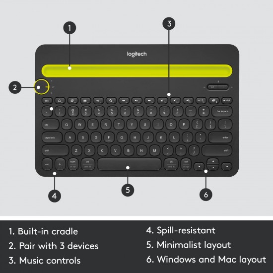 Logitech K480 Wireless Multi-Device Keyboard for Windows, Apple iOS android or Chrome, Wireless Bluetooth, Compact Space-Saving Design, PC/Mac/Laptop/Smartphone/Tablet