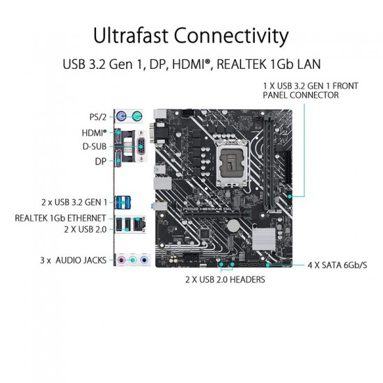 ASUS Prime H610M-E D4 Intel® H610 (LGA 1700) mic-ATX motherboard with DDR4, PCIe 4.0, dual M.2 slots, Realtek 1 Gb Ethernet, DisplayPort, HDMI, D-Sub, USB 3.2 Gen 1 ports, SATA 6 Gbps, COM header, RGB header