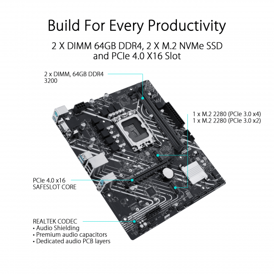 ASUS Prime H610M-E D4 Intel® H610 (LGA 1700) mic-ATX motherboard with DDR4, PCIe 4.0, dual M.2 slots, Realtek 1 Gb Ethernet, DisplayPort, HDMI, D-Sub, USB 3.2 Gen 1 ports, SATA 6 Gbps, COM header, RGB header