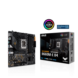 ASUS TUF GAMING B660M-E D4 Intel® B660 LGA 1700  mATX motherboard with PCIe 4.0 slot, two PCIe 4.0 M.2 slots, 10 Power stages, Realtek 2.5Gb Ethernet, DP, HDMI, front USB 3.2 Gen 2 Type-C®, Aura Sync